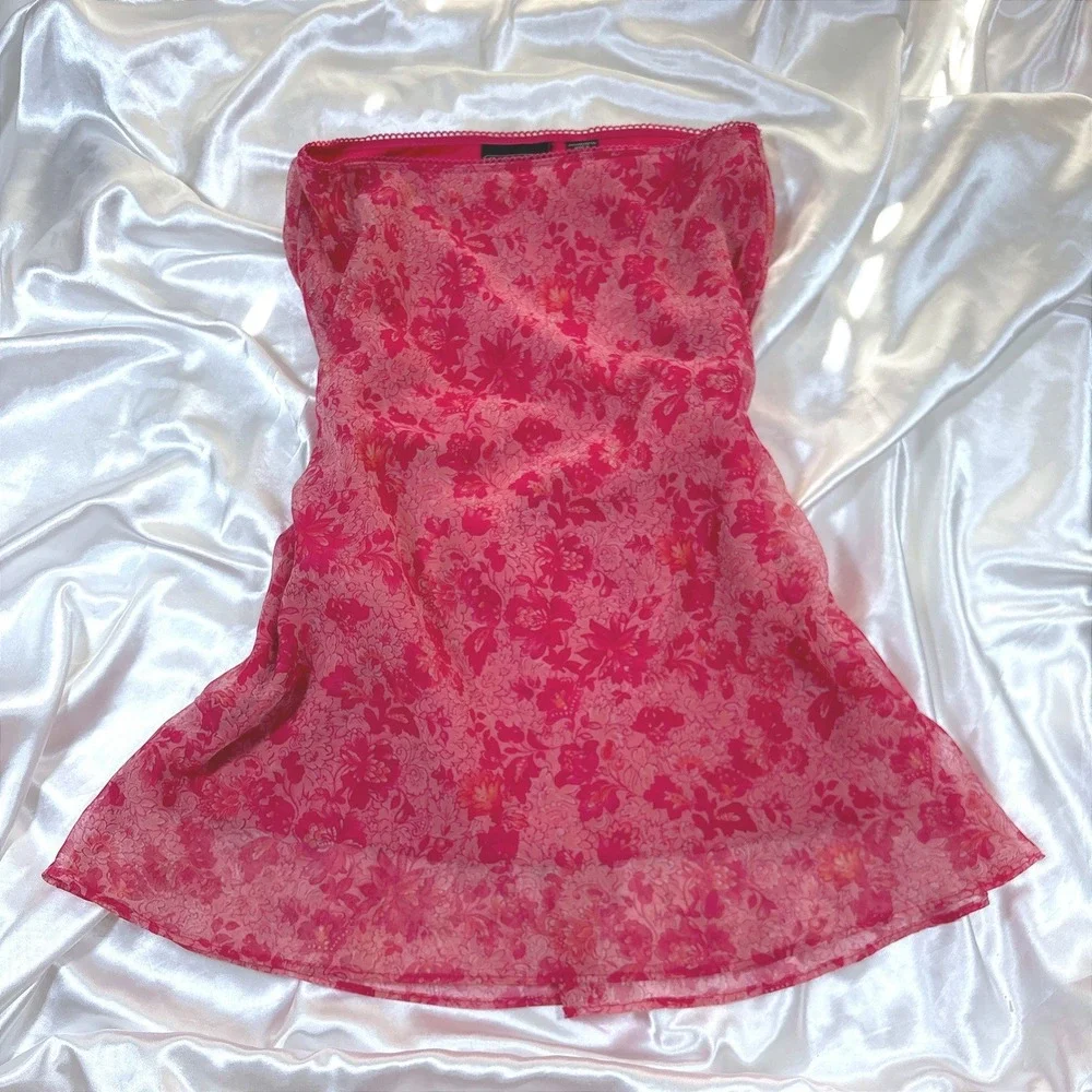 y2k midi skirt Pink Excellent G.A.S.CO. Floral Strapless Chiffon Mini Dress